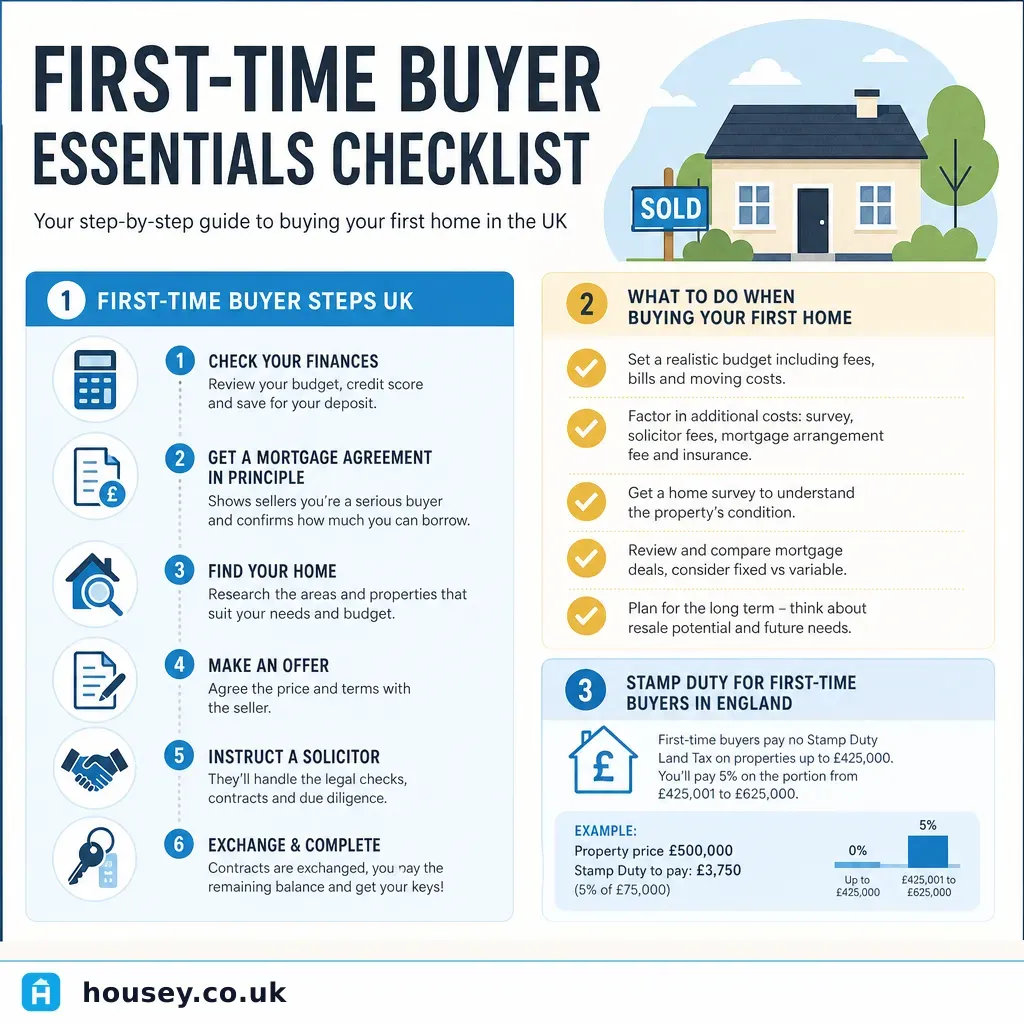 Infographic illustrating: First-Time Buyer Essentials Checklist