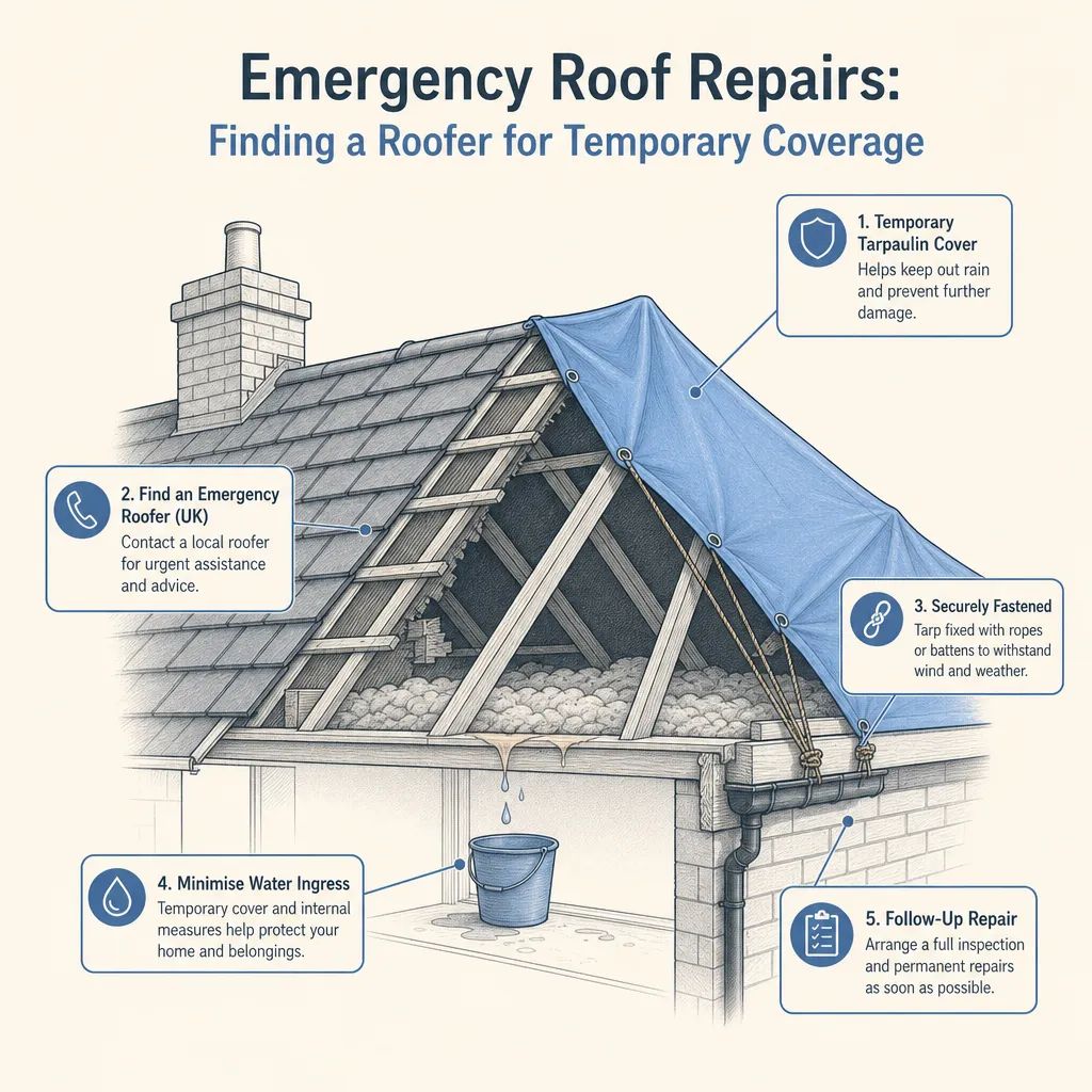 Diagram illustrating: Emergency Roof Repairs: Finding a Roofer for Temporary Coverage