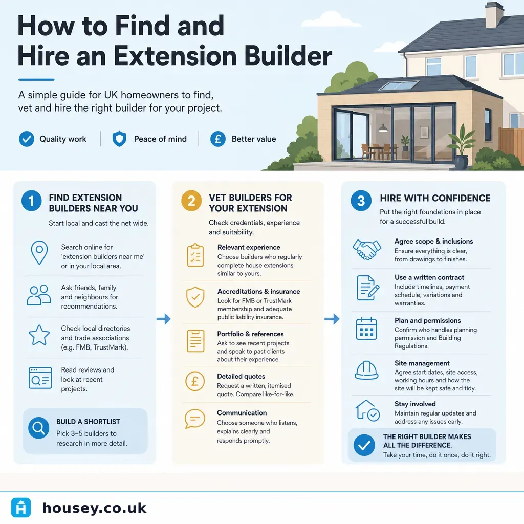 Infographic illustrating: How to Find and Hire an Extension Builder
