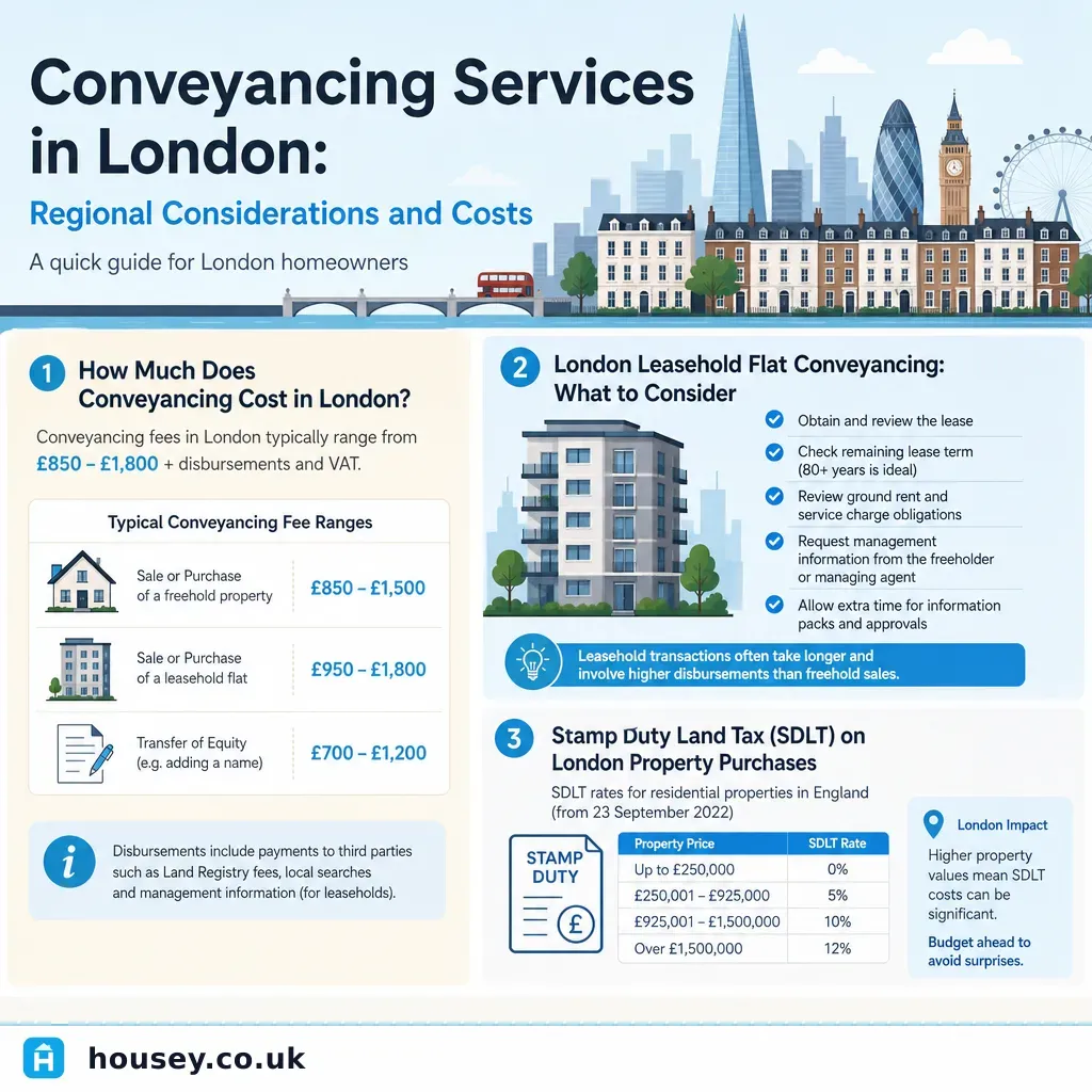 Infographic illustrating: Conveyancing Services in London: Regional Considerations and Costs