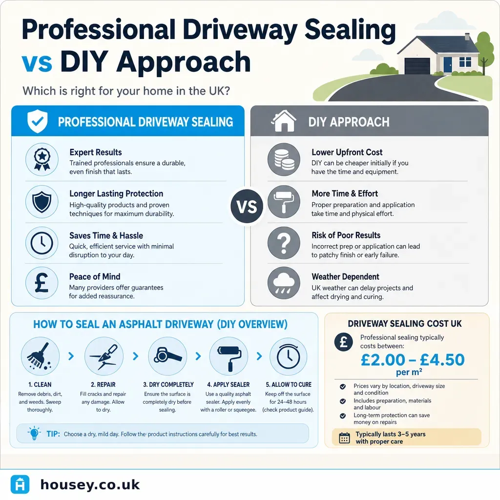 Infographic illustrating: Professional Driveway Sealing vs DIY Approach