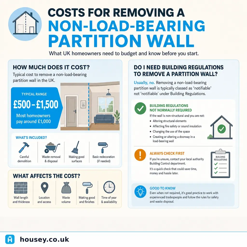 Infographic illustrating: Costs for removing a non-load-bearing partition wall