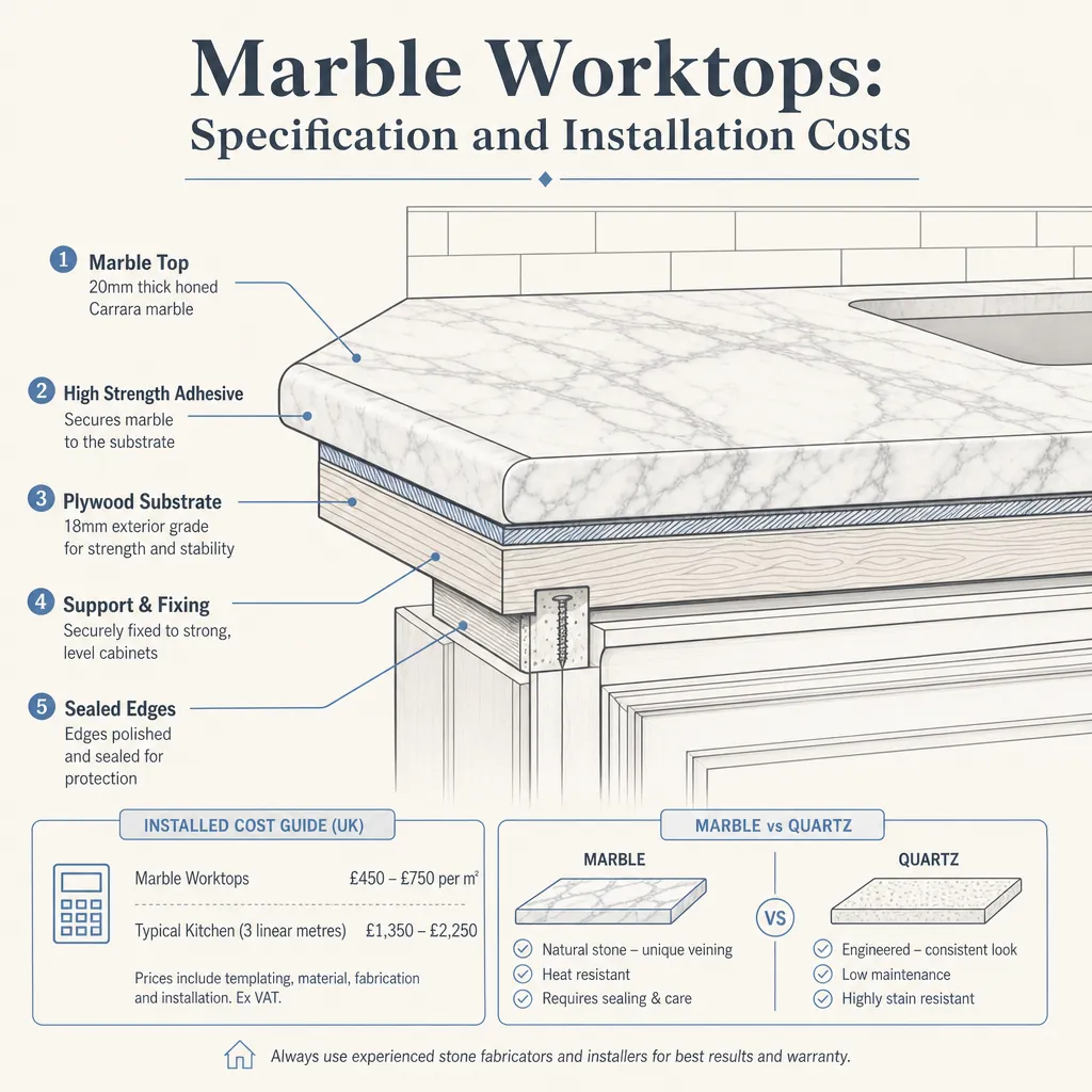 Diagram illustrating: Marble Worktops: Specification and Installation Costs
