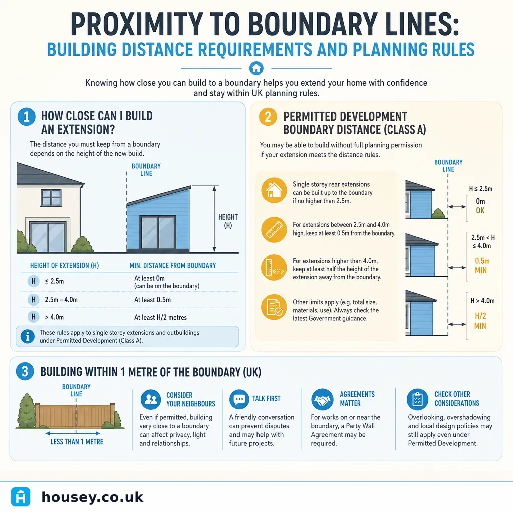 Infographic illustrating: Proximity to Boundary Lines: Building Distance Requirements and Planning Rules