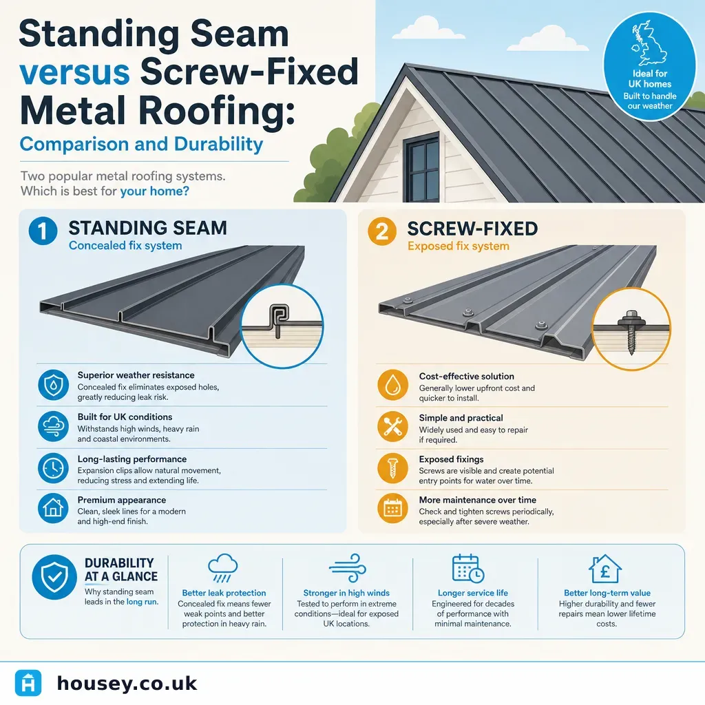 Infographic illustrating: Standing Seam versus Screw-Fixed Metal Roofing: Comparison and Durability