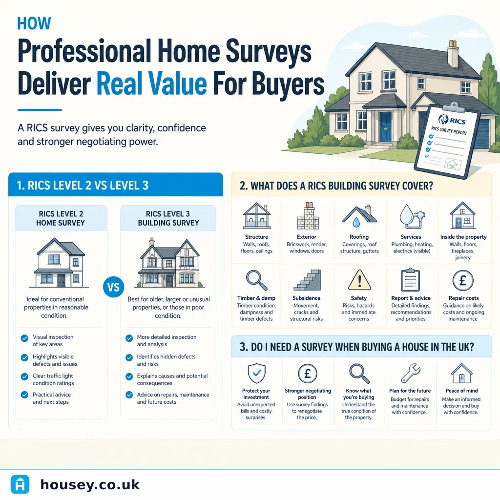 Infographic illustrating: How Professional Home Surveys Deliver Real Value For Buyers