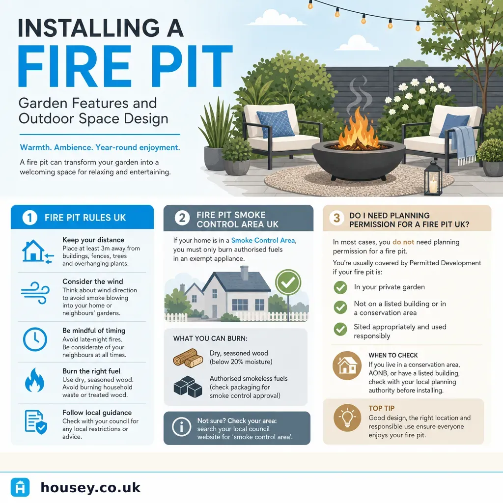 Infographic illustrating: Installing a Fire Pit: Garden Features and Outdoor Space Design