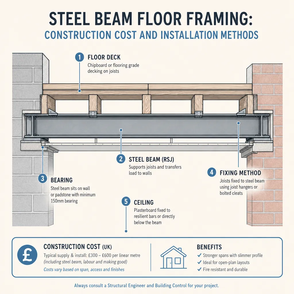 Diagram illustrating: Steel Beam Floor Framing: Construction Cost and Installation Methods