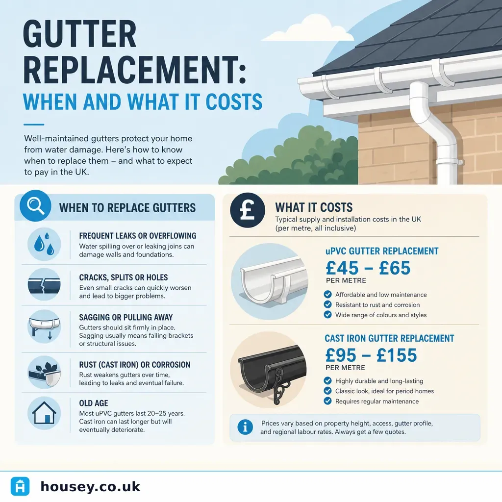 Infographic illustrating: Gutter Replacement: When and What It Costs
