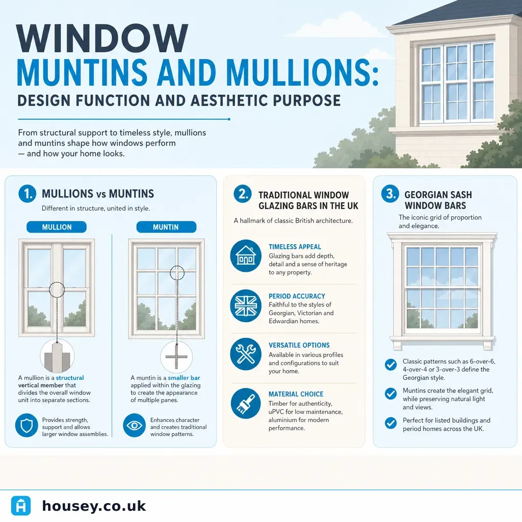 Infographic illustrating: Window Muntins and Mullions: Design Function and Aesthetic Purpose