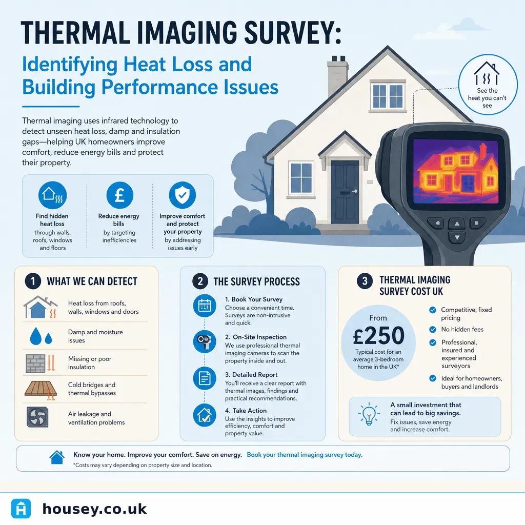 Infographic illustrating: Thermal Imaging Survey: Identifying Heat Loss and Building Performance Issues