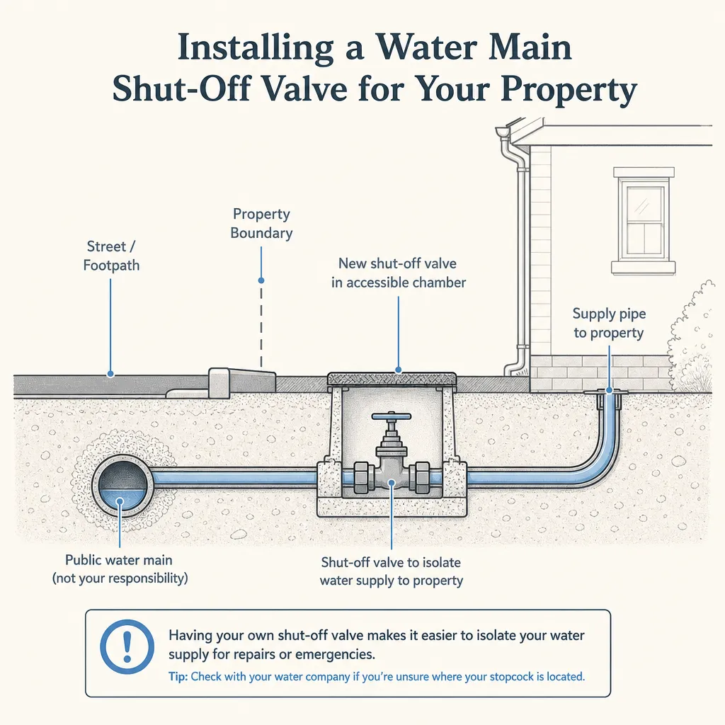 Diagram illustrating: Installing a water main shut-off valve for your property