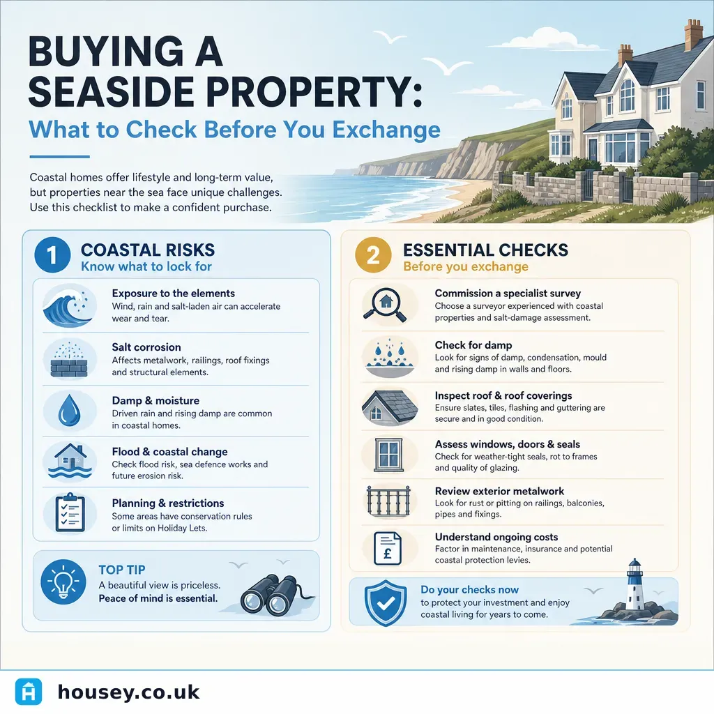 Infographic illustrating: Buying a Seaside Property: What to Check Before You Exchange