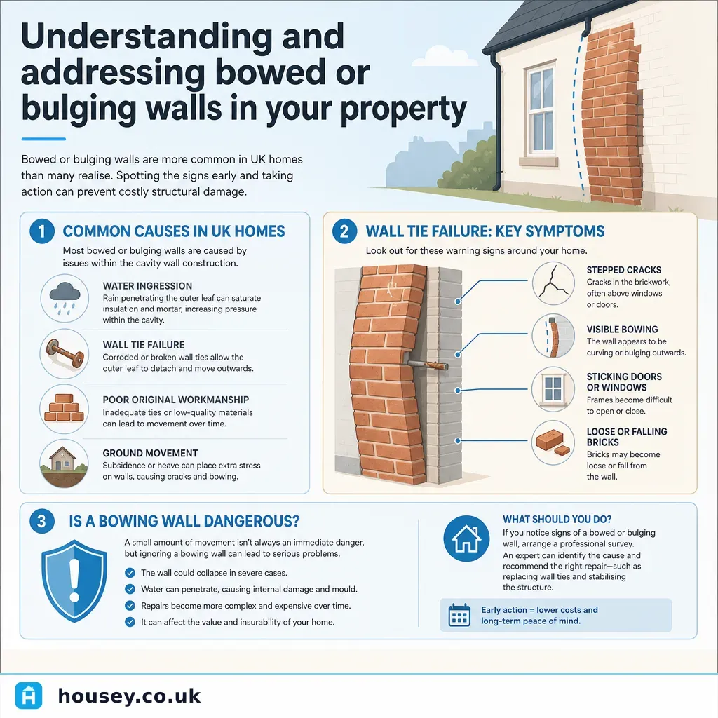 Infographic illustrating: Understanding and addressing bowed or bulging walls in your property