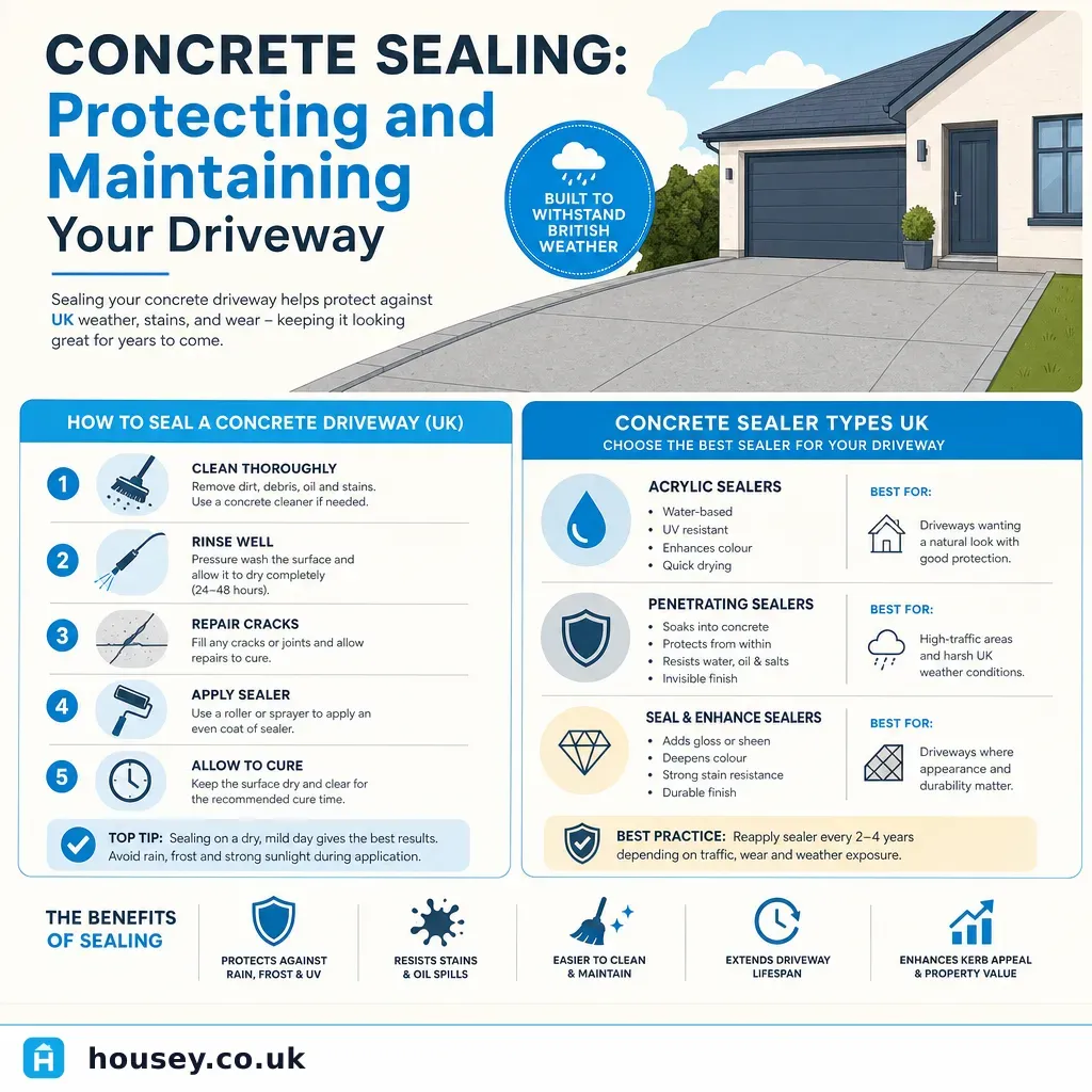 Infographic illustrating: Concrete Sealing: Protecting and Maintaining Your Driveway