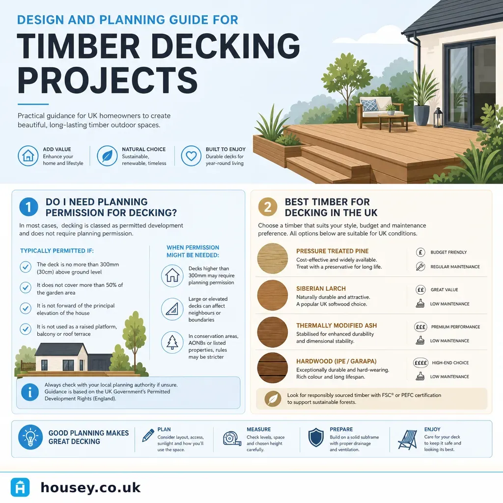 Infographic illustrating: Design and Planning Guide for Timber Decking Projects