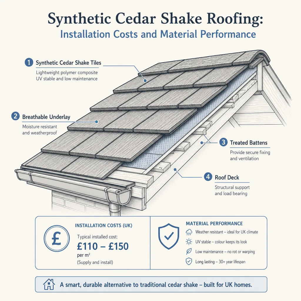 Diagram illustrating: Synthetic Cedar Shake Roofing: Installation Costs and Material Performance
