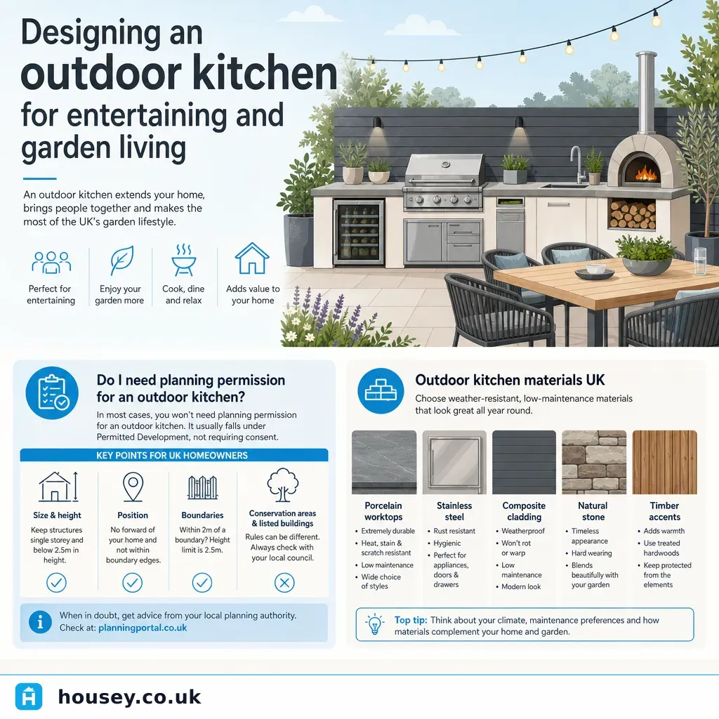 Infographic illustrating: Designing an outdoor kitchen for entertaining and garden living