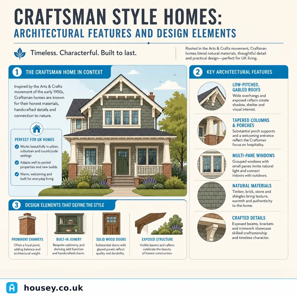 Infographic illustrating: Craftsman Style Homes: Architectural Features and Design Elements