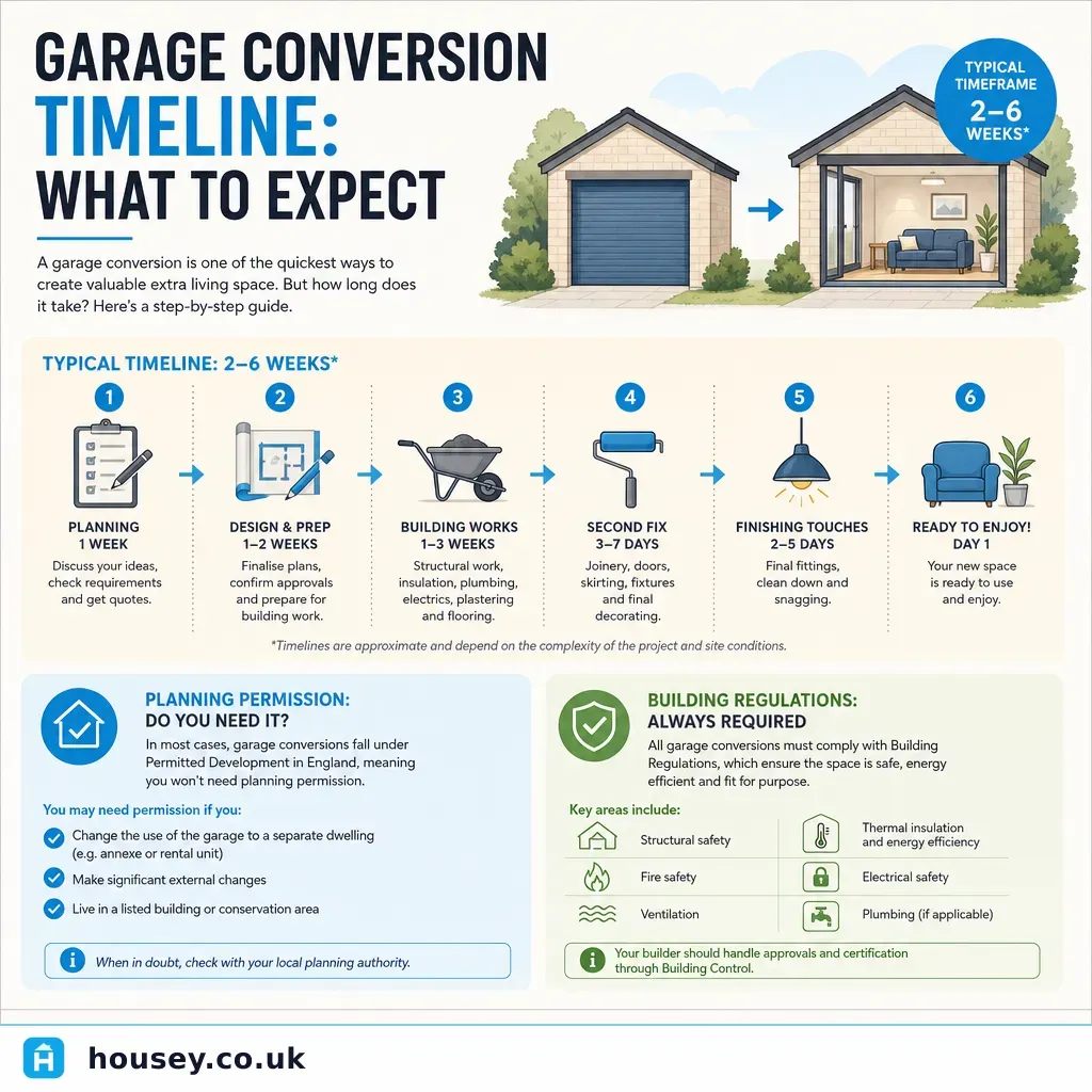 Infographic illustrating: Garage Conversion Timeline: What to Expect
