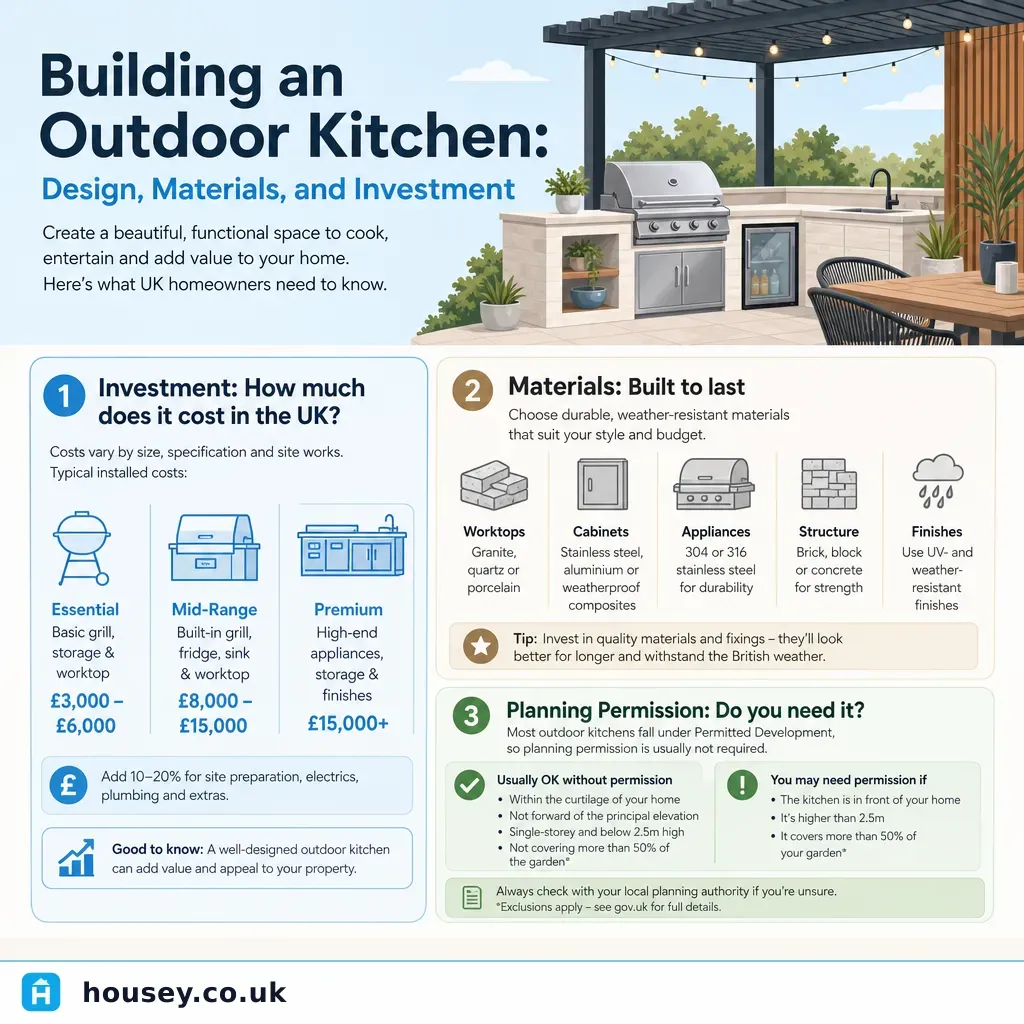 Infographic illustrating: Building an Outdoor Kitchen: Design, Materials, and Investment