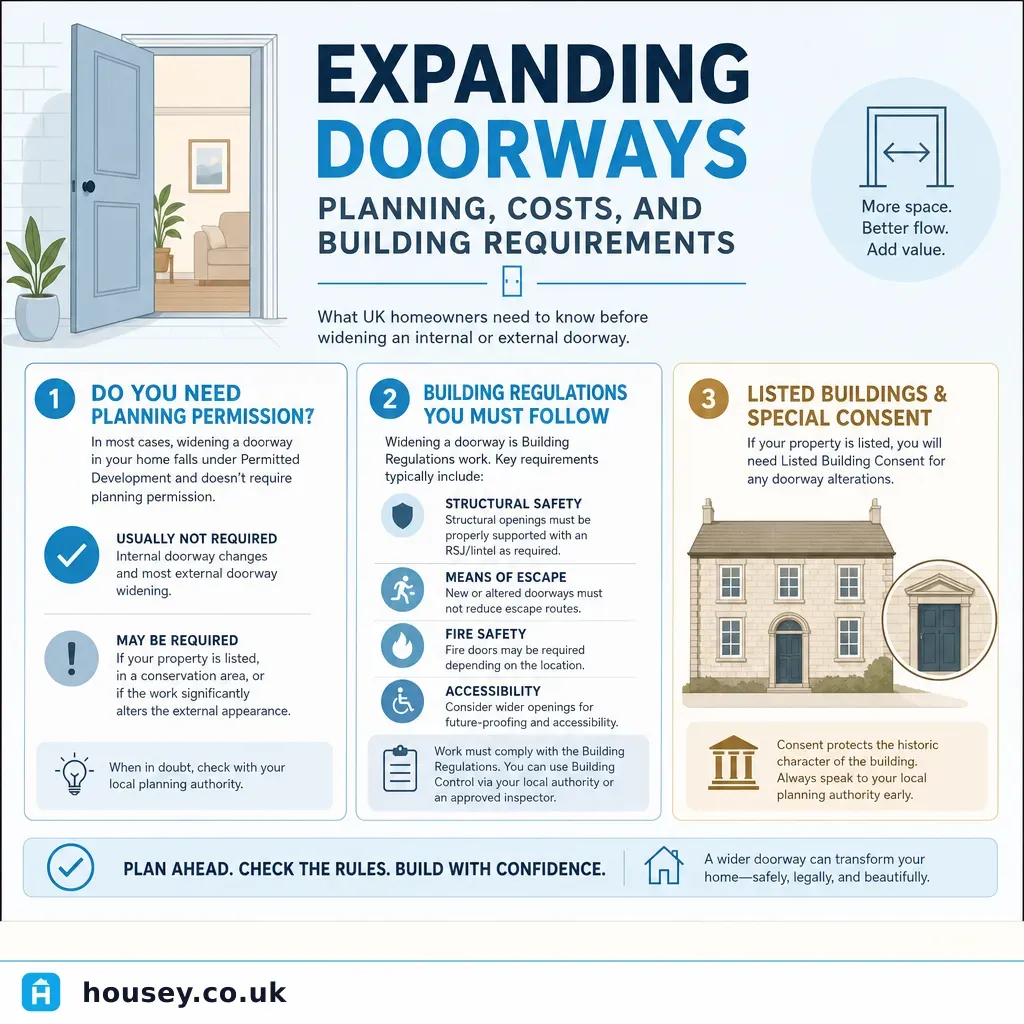 Infographic illustrating: Expanding Doorways: Planning, Costs, and Building Requirements