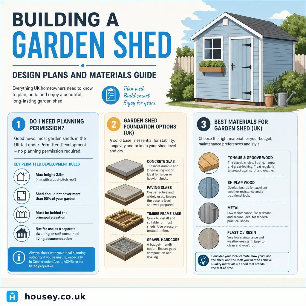 Infographic illustrating: Building a Garden Shed: Design Plans and Materials Guide