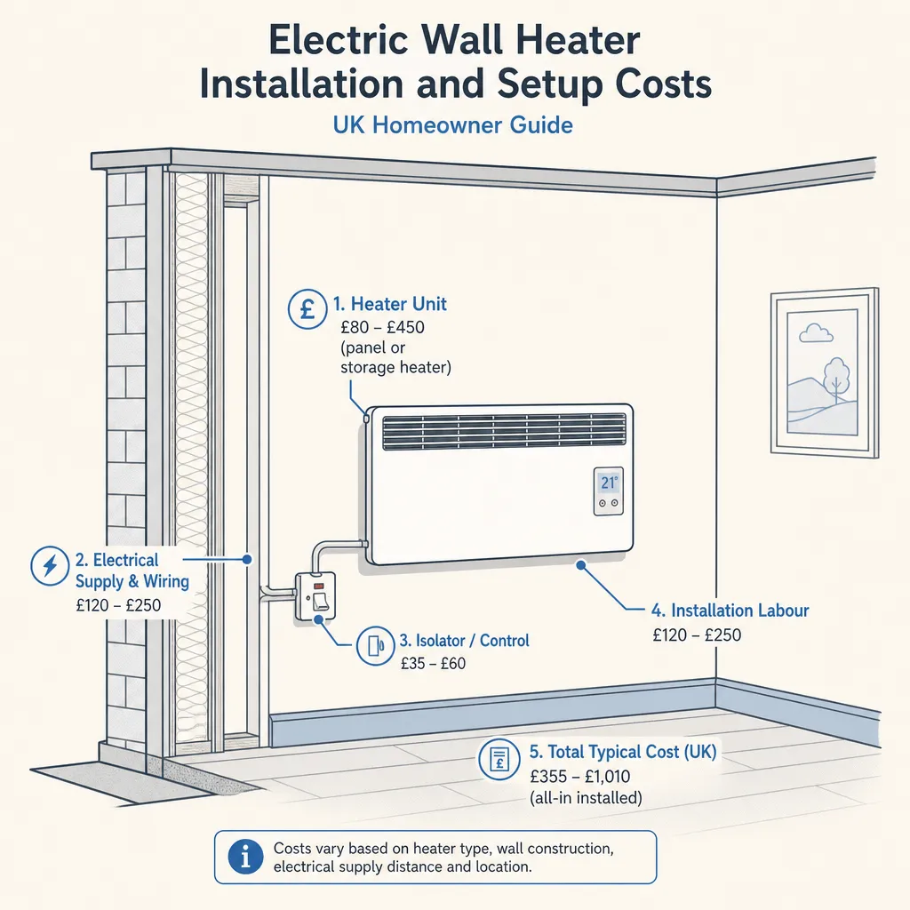 Diagram illustrating: Electric Wall Heater Installation and Setup Costs