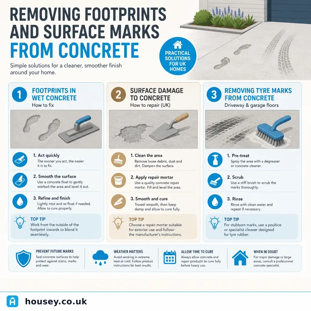 Infographic illustrating: Removing Footprints and Surface Marks from Concrete