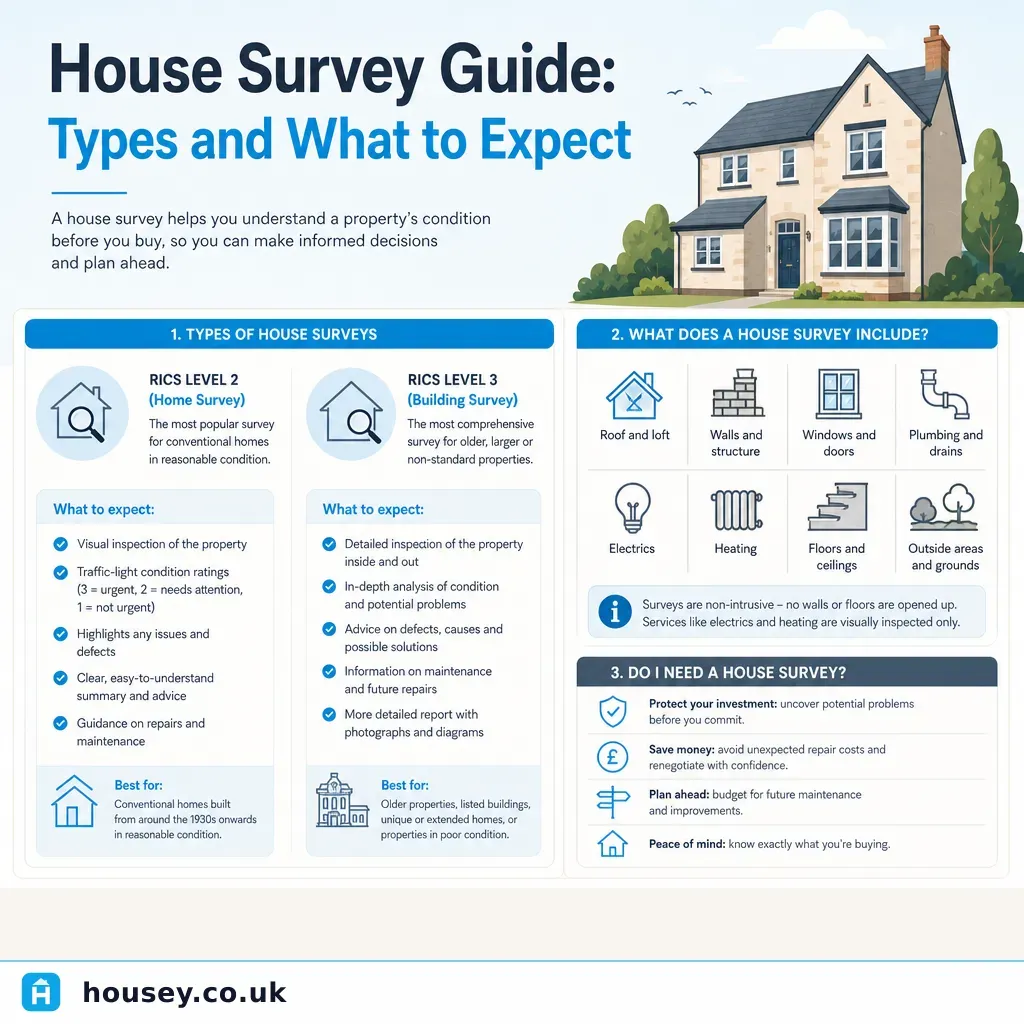 Infographic illustrating: House Survey Guide: Types and What to Expect