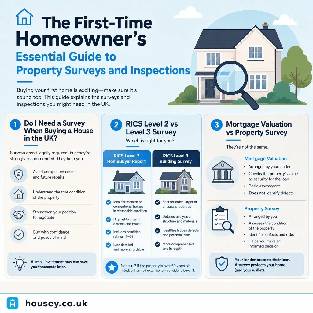 Infographic illustrating: The First-Time Homeowner's Essential Guide to Property Surveys and Inspections