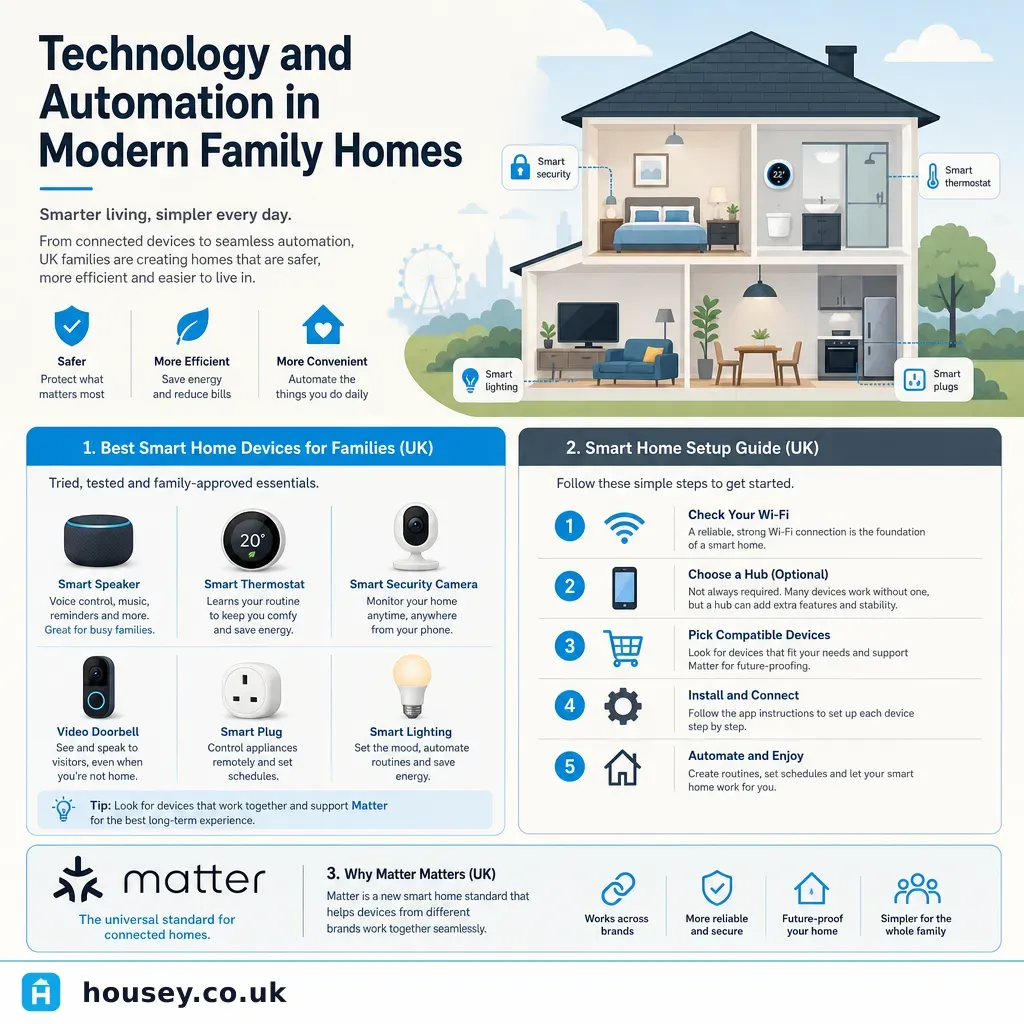 Infographic illustrating: Technology and Automation in Modern Family Homes