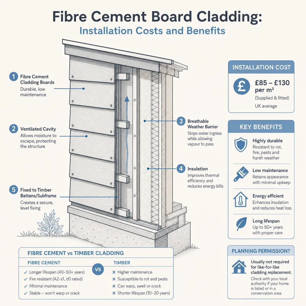 Diagram illustrating: Fibre Cement Board Cladding: Installation Costs and Benefits