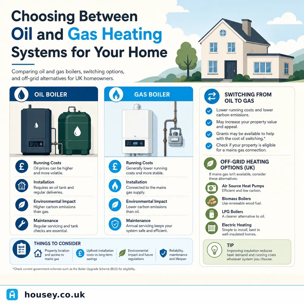 Infographic illustrating: Choosing Between Oil and Gas Heating Systems for Your Home