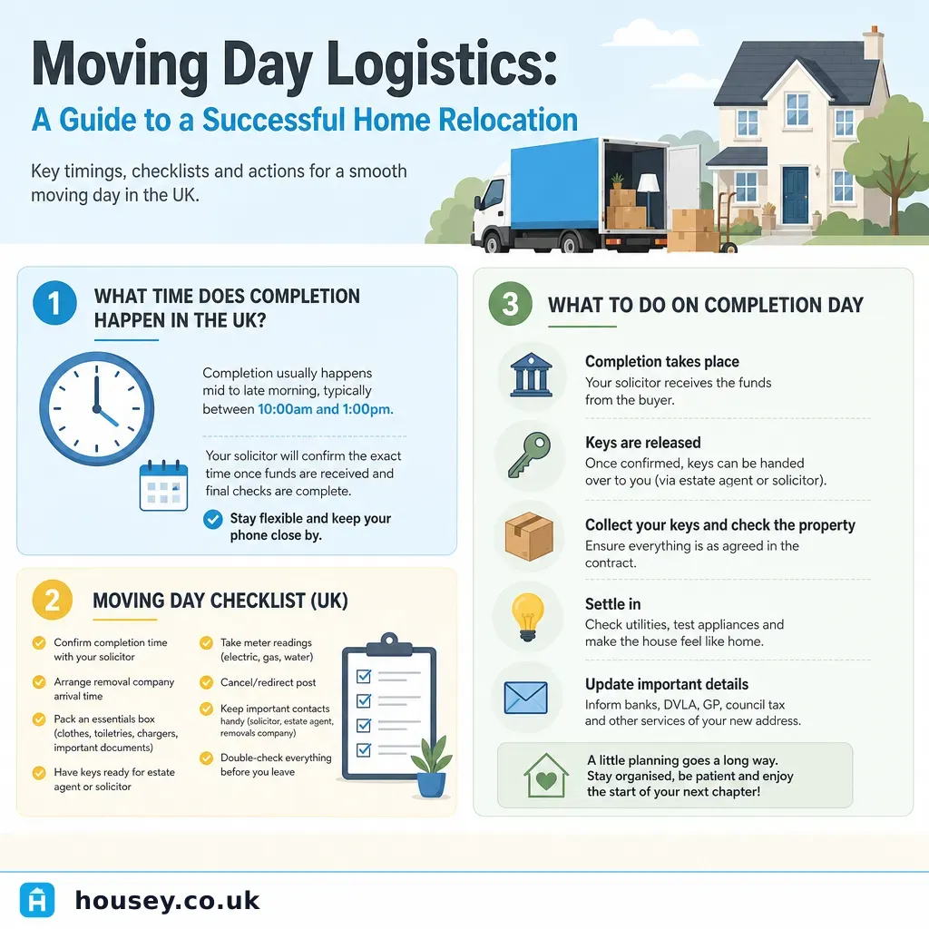 Infographic illustrating: Moving Day Logistics: A Guide to a Successful Home Relocation
