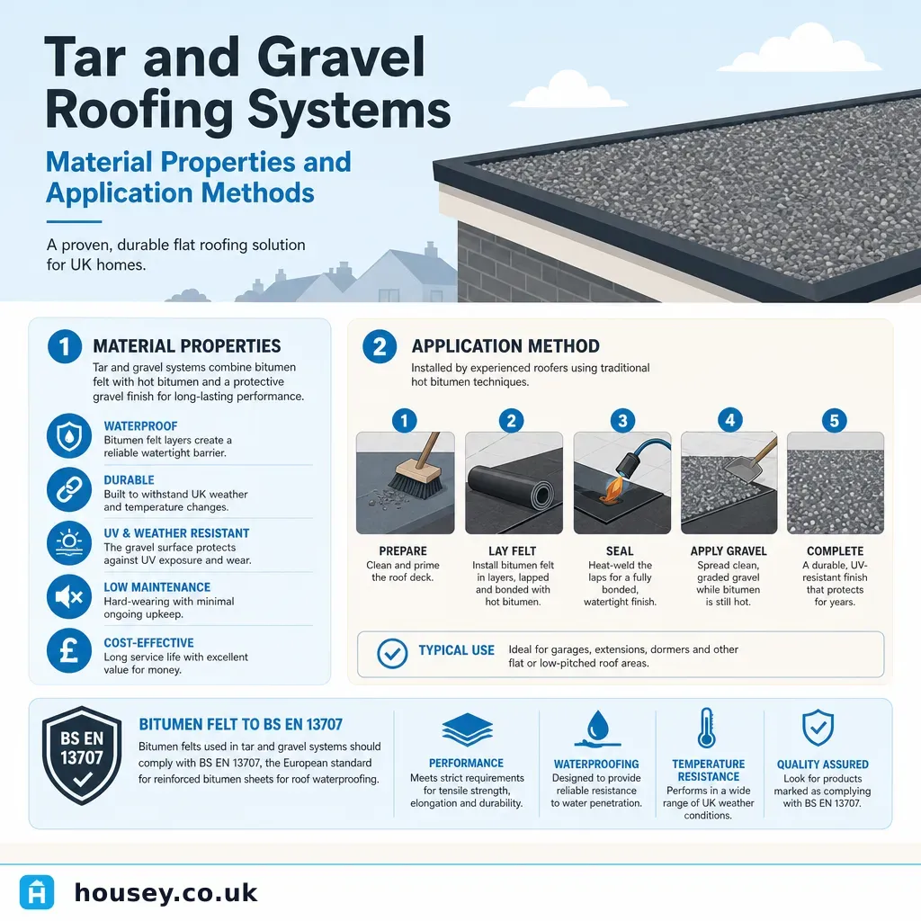 Infographic illustrating: Tar and Gravel Roofing Systems: Material Properties and Application Methods