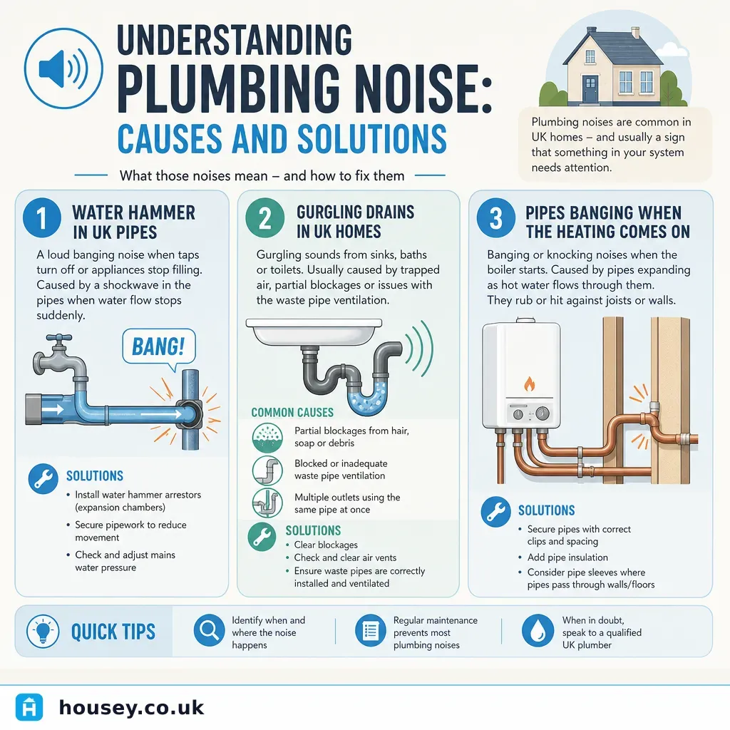 Infographic illustrating: Understanding Plumbing Noise: Causes and Solutions
