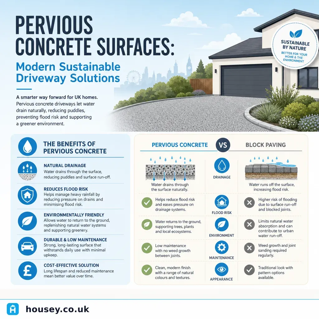 Infographic illustrating: Pervious Concrete Surfaces: Modern Sustainable Driveway Solutions
