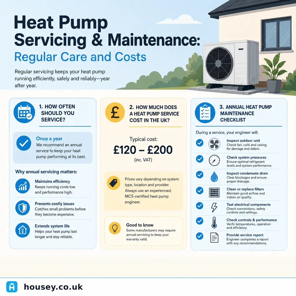 Infographic illustrating: Heat Pump Servicing and Maintenance: Regular Care and Costs