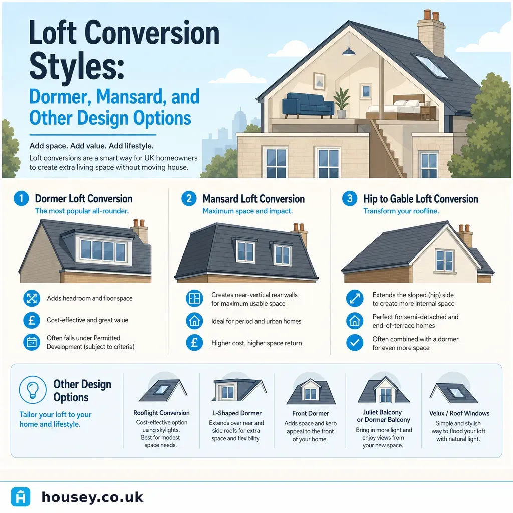 Infographic illustrating: Loft Conversion Styles: Dormer, Mansard, and Other Design Options