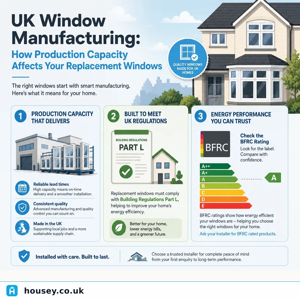 Infographic illustrating: UK Window Manufacturing: How Production Capacity Affects Your Replacement Windows