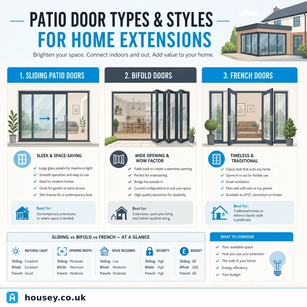 Infographic illustrating: Patio Door Types and Styles for Home Extensions