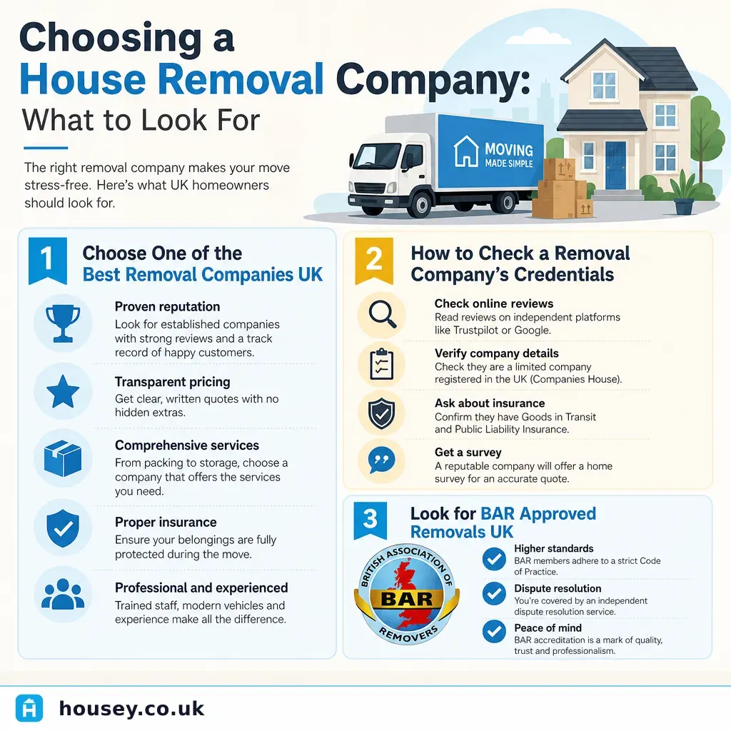 Infographic illustrating: Choosing a House Removal Company: What to Look For