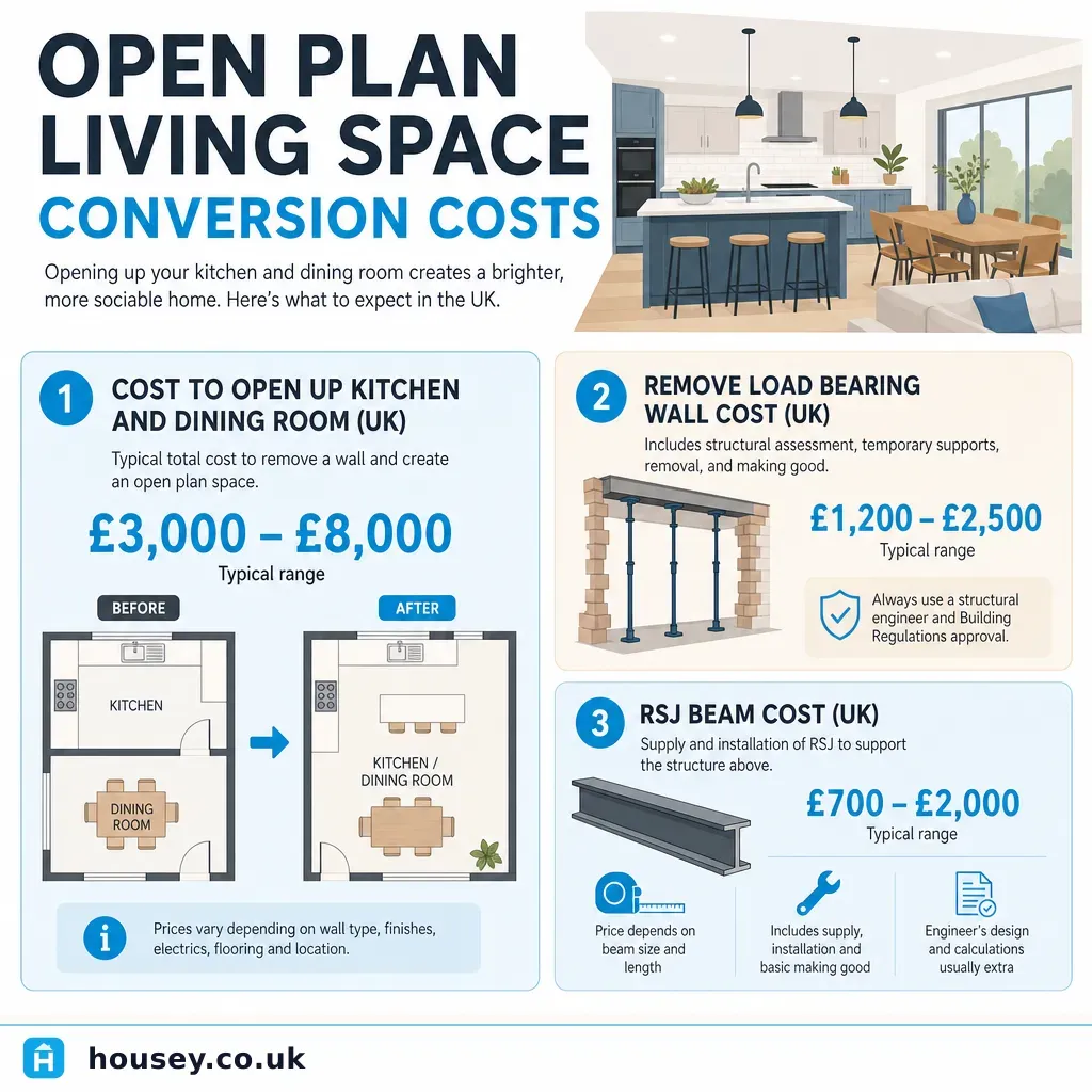 Infographic illustrating: Open Plan Living Space Conversion Costs