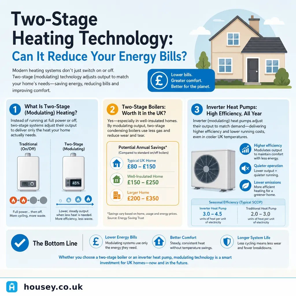 Infographic illustrating: Two-Stage Heating Technology: Can It Reduce Your Energy Bills?