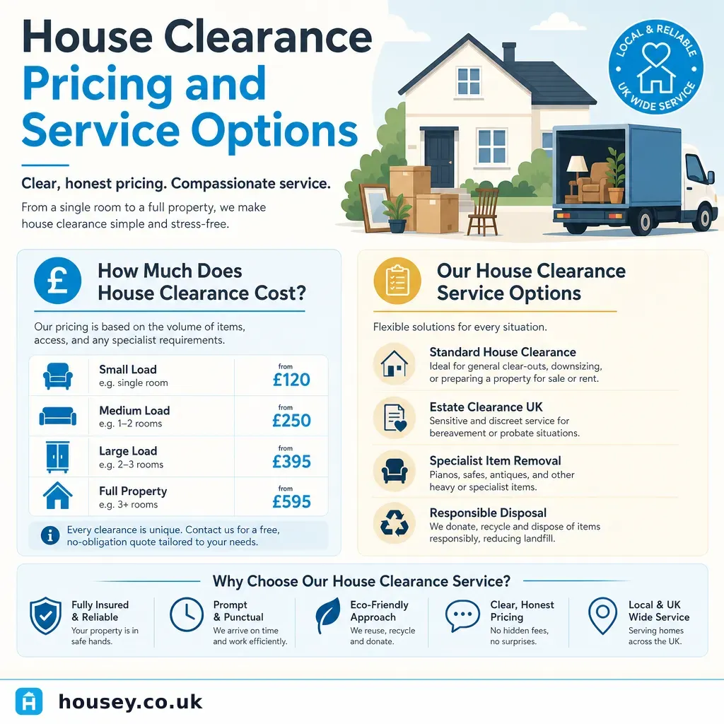 Infographic illustrating: House Clearance Pricing and Service Options