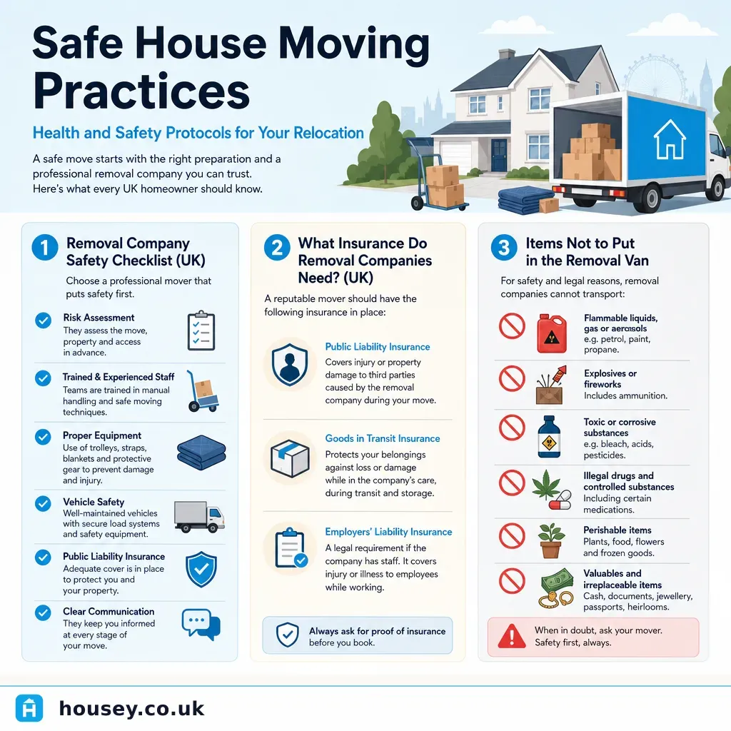 Infographic illustrating: Safe House Moving Practices: Health and Safety Protocols for Your Relocation