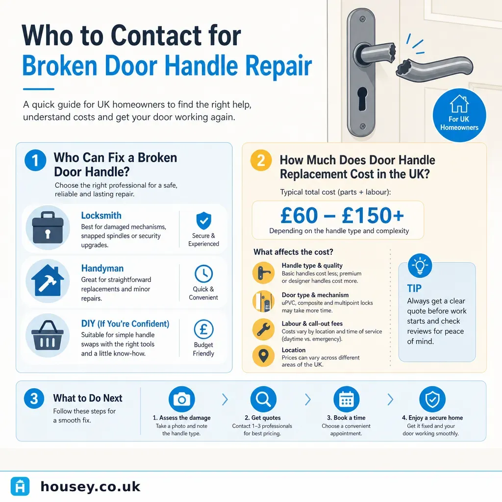 Infographic illustrating: Who to Contact for Broken Door Handle Repair