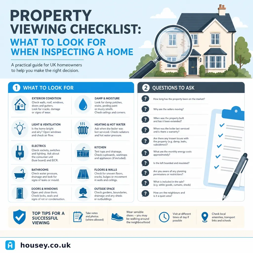 Infographic illustrating: Property Viewing Checklist: What to Look for When Inspecting a Home