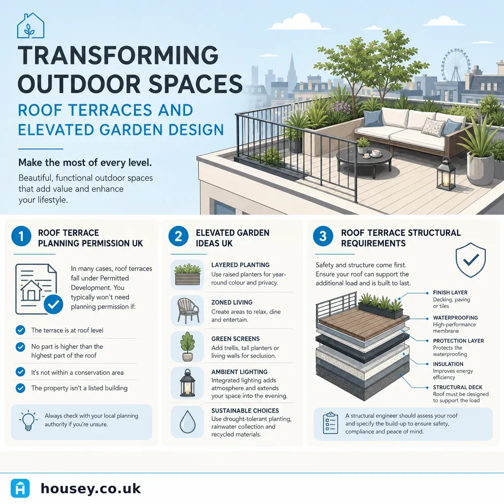 Infographic illustrating: Transforming Outdoor Spaces: Roof Terraces and Elevated Garden Design